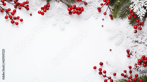 christmas card with snowflakes red viburnum green spruce branches on a white background with empty space to insert. Generative Ai. 