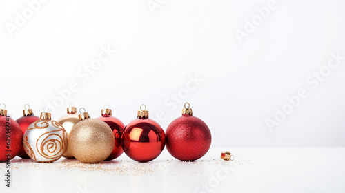 Christmas decorations of red and gold color on a white background. Generative Ai. 
