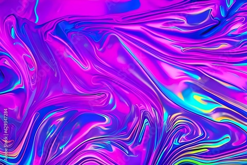 Abstract holographic background in 80s  90s style. Modern bright neon colored crumpled metallic psychedelic holographic foil texture