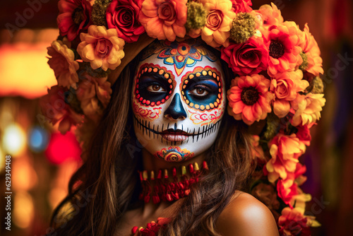 close-up young woman with make-up at the festival Day of the Dead - Dia de los Muertos, a holiday dedicated to the memory of the dead.against the backdrop of illumination. 