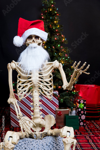 Santa skeleton with beard gestures with one hand