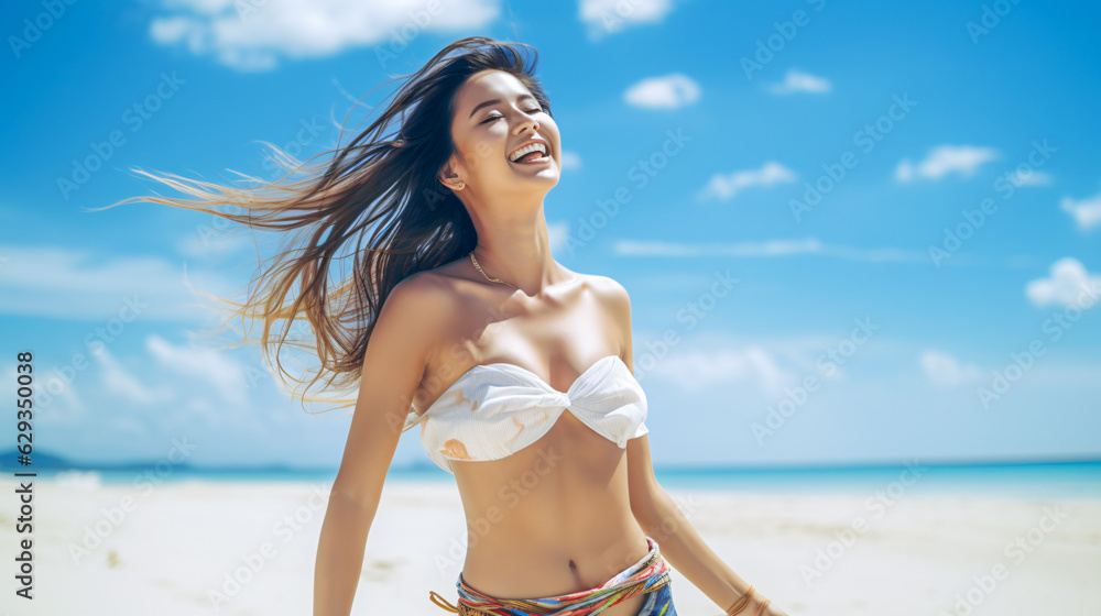 happy summer with asian fashion model walking joyful along the beach happy summer with asian fashion model walking joyful along the beach