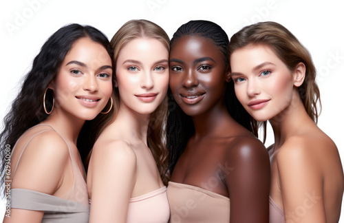 Beauty portrait of a diverse group of beautiful women with perfect, natural, glowing skin. Multi-ethnic group as a concept of women united with diversity of origins and beliefs. 