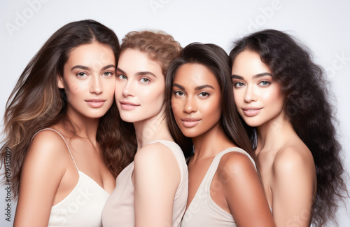 Beauty portrait of a diverse group of beautiful women with perfect, natural, glowing skin. Multi-ethnic group as a concept of women united with diversity of origins and beliefs. 