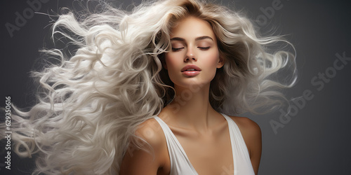 Glossy wavy white hair. Beautiful girl with long blonde hair on dark background. Digital illustration photo