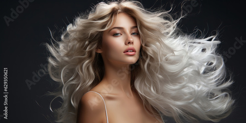 Young woman with long blonde hair on dark background. Glossy wavy white hair. Digital illustration photo