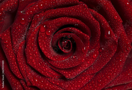 Macro photo of wet red rose with big petals and water drops