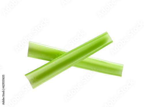 Fresh green celery sticks top view.