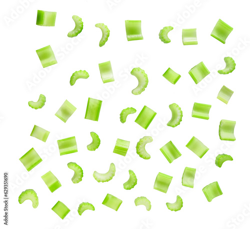 Falling celery slices isolated on white background, clipping path.