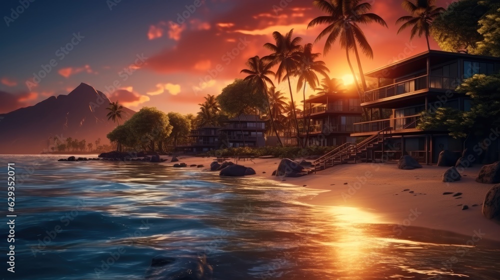 Luxury beach resort at sunset, Travel relaxing at the shore at dawn.