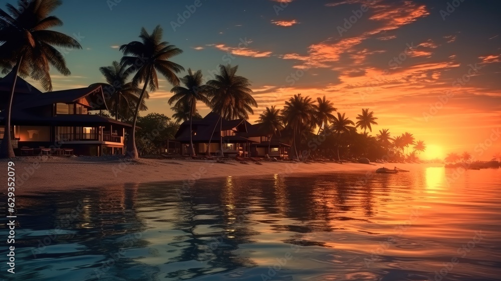 Luxury beach resort at sunset, Tropical vacation with the ocean and hotel.