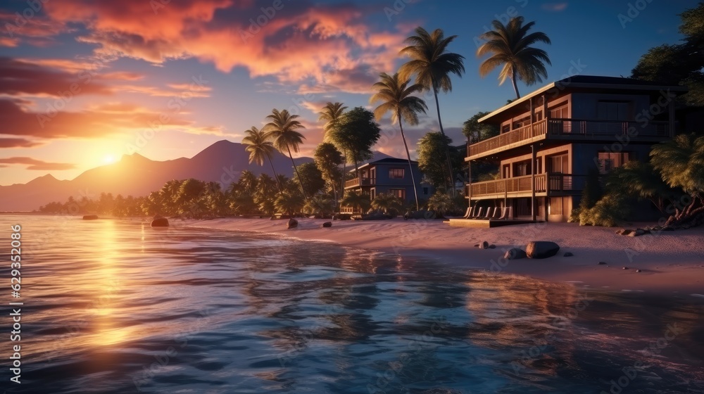 Obraz premium Beautiful seaside accommodation at sunset.