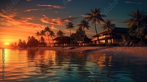 Beautiful seaside accommodation at sunset. © visoot