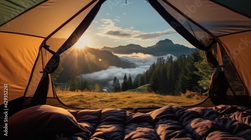 View of the serene landscape from inside a tent at sunrise.