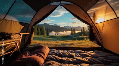 Camping at campsite with sleeping bags, View of the serene landscape from inside a tent.