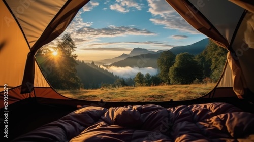 Camping at campsite with sleeping bags, View of the serene landscape from inside a tent.