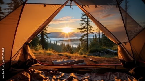 Camping at campsite with sleeping bags, View of the serene landscape from inside a tent.