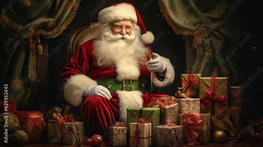 Adorable Santa Claus sitting in chair with sack full of presents. Vintage...
