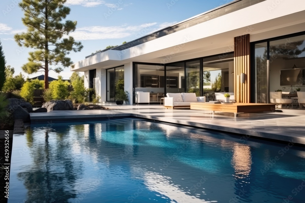 Rear garden of a contemporary home with swimming pool, Modern real estate.