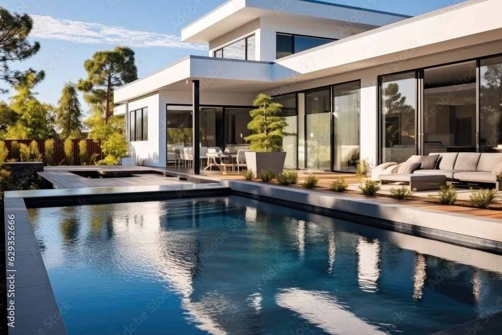 Modern house Exterior and interior design with swimming pool.