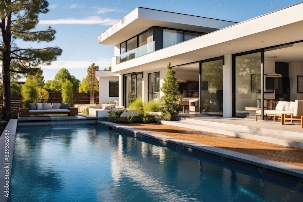 Rear garden of a contemporary home with swimming pool, Modern real estate.