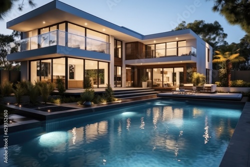 Modern house Exterior and interior design with swimming pool. © visoot