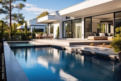 Rear garden of a contemporary home with swimming pool  Modern real estate.
