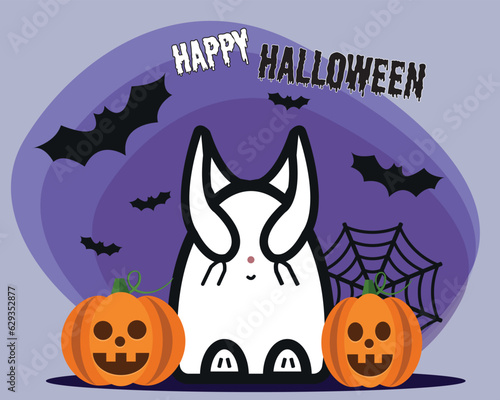 Happy Halloween. The bunny covered his eyes with his ears against a backdrop of bats, spider webs, and pumpkins.