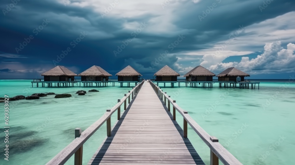 Luxury water villas resort and wooden pier, Beautiful sky and ocean lagoon beach background.