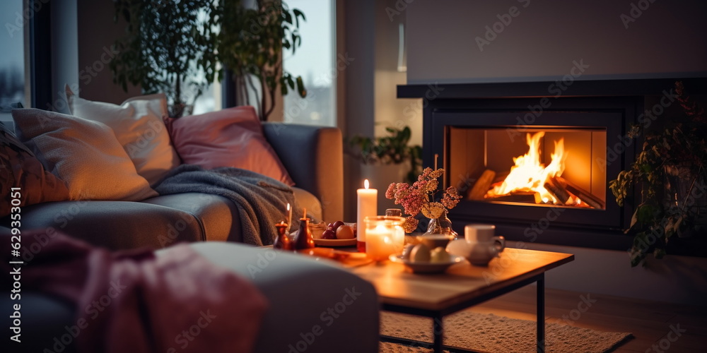 evening cozy room modern design ,kamin and candle blurred light near sofa on front windows evening cozy room modern design ,kamin and candle blurred light near sofa on front windows