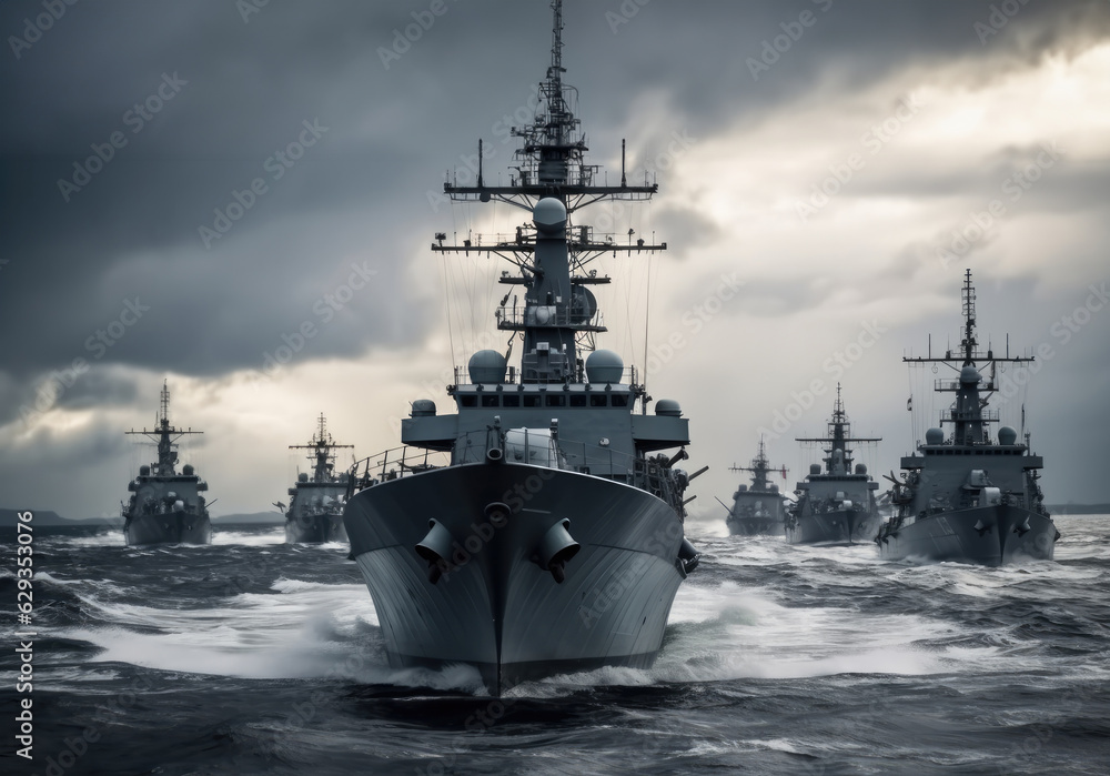 A line ahead of modern military naval battleships warships in the row, Military at sea. A line ahead of modern military naval battleships warships in the row, Military at sea.