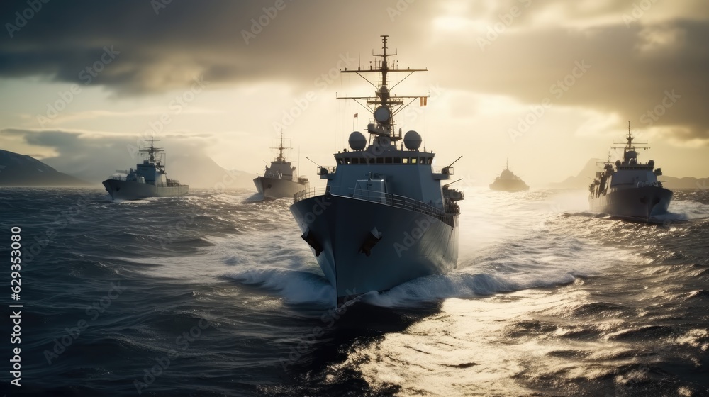 High speed naval vessel of the military elite special forces sailing fast in middle of the ocean, Naval warships. High speed naval vessel of the military elite special forces sailing fast in middle of the ocean, Naval warships.