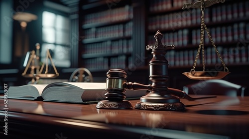 Judge gavel and books, Law firm courtroom, Office space for legal work, Lawyers and judges concept.