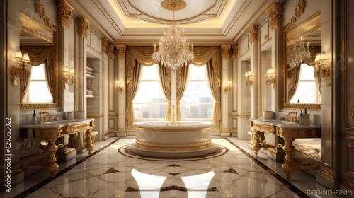 Luxury golden hotel room bathroom with marble tub and chandelier.
