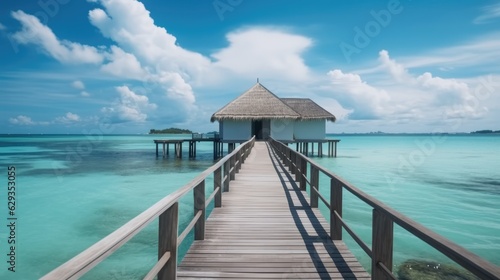 Luxury water villas resort and wooden pier, Beautiful sky and ocean lagoon beach background. © visoot