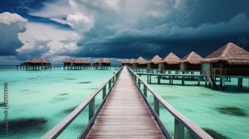 Luxury water villas resort and wooden pier  Summer vacation holiday and travel concept  Vacation.