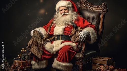 Adorable Santa Claus sitting in chair with sack full of presents. Vintage... © Jacques Evangelista