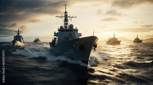 Naval warships  Battleships in the navy  Military at sea.