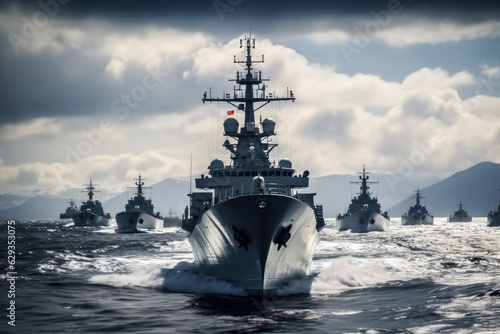 Photo A line ahead of modern military naval battleships warships in the row, Military at sea