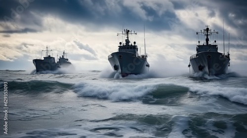 High speed naval vessel of the military elite special forces sailing fast in middle of the ocean, Naval warships.