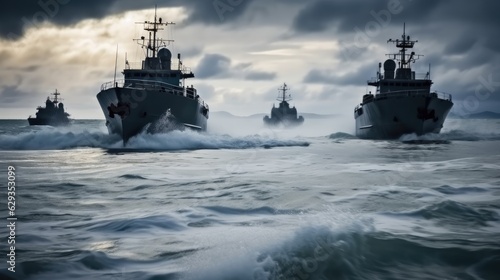Fotografija A line ahead of modern military naval battleships warships in the row, Military at sea
