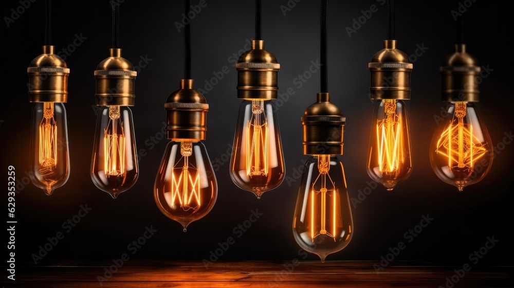 Classic retro lighting bulb in orange warm light, Object for interior decoration, Vintage Edison design.