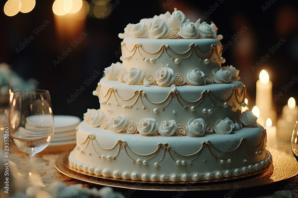 Fototapeta premium Beautiful wedding cake with pearls, Celebration and romance.