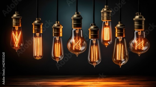 Decorative antique Edison style light bulbs, Different shapes of retro lamps on dark background.