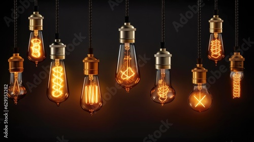 Decorative antique Edison style light bulbs, Different shapes of retro lamps on dark background.