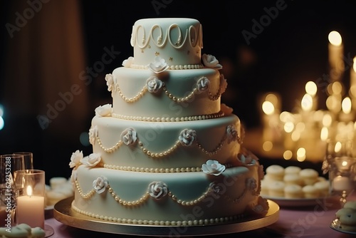 Wedding cake decorated with flowers and pearls.