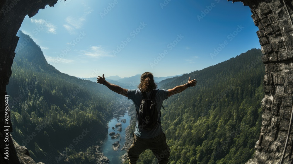 Obraz premium Happy young man with arms outstretched enjoying freedom on high cliff, Successful, Inspirational concept.