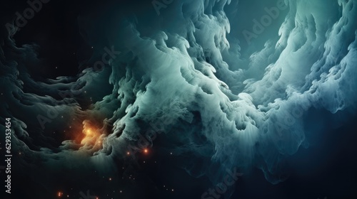 Astral nebula glowing clouds in space, Stormy dark smoke background. © visoot
