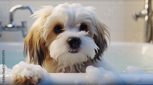 Adorable puppy in a bath, Shih Tzu cute dog.