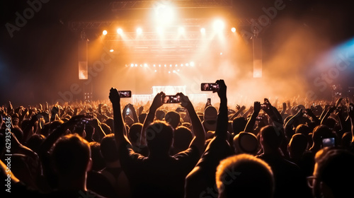 Back view of crowd of people in front of stage filming music concert with mobile phones copy space, Concert recording, Enjoying the concert.
